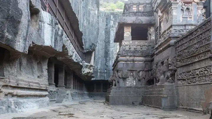 Courtyard and Mahabharata Reliefs at the Kailasa Temple, Ellora
